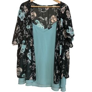 Torrid Black Floral Kimono with Blue Tank Top